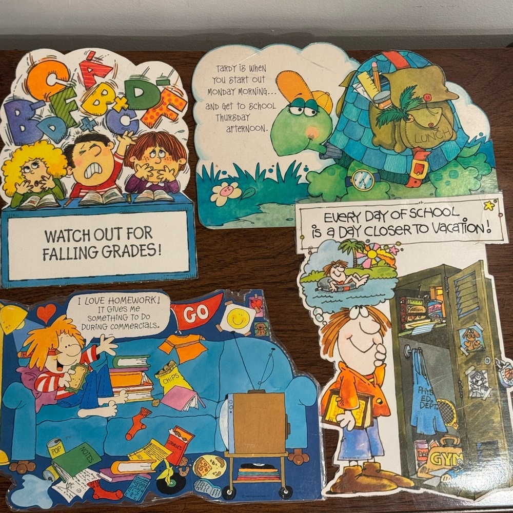 Lot 4 Vintage School Cartoon Small Signs Classroom Humor Grades Homework Turtle